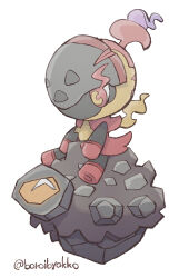  1other ^_^ absurdres artist_name black_helmet black_skin boroibyakko charcadet closed_eyes colored_sclera colored_skin colored_tips eye_trail full_body helmet highres light_trail multicolored_hair multicolored_skin no_mouth one-eyed orange_sclera other_focus pokemon pokemon_(creature) purple_hair red_eyes red_hair red_skin riding rolycoly short_hair signature simple_background sitting twitter_username two-tone_hair two-tone_skin white_background yellow_pupils 