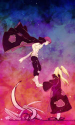  2boys akatsuki_uniform asymmetrical_bangs black_nails blonde_hair carrying carrying_person chain deidara_(naruto) doll_joints floating hair_over_shoulder hand_on_own_hip high_ponytail implied_yaoi joints long_hair looking_at_viewer male_focus multiple_boys naruto_(series) naruto_shippuuden obi open_clothes open_robe ponytail red_eyes red_hair robe sad sandals sash sasori_(naruto) sekika short_hair standing weapon 