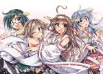  4girls ahoge aqua_eyes armpits bespectacled black_hair blue_hair blush brown_eyes brown_hair detached_sleeves glasses hairband haruna_(kantai_collection) heart hiei_(kantai_collection) japanese_clothes kantai_collection kirishima_(kantai_collection) kongou_(kantai_collection) looking_at_viewer multiple_girls nontraditional_miko open_mouth personification red_eyes siblings sisters syuutu wide_sleeves wink 