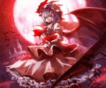  1girl ascot bat bat_wings blue_hair dress full_moon hat hat_ribbon juliet_sleeves kozou_(soumuden) long_sleeves looking_at_viewer mob_cap moon pink_dress puffy_sleeves red_eyes red_moon remilia_scarlet ribbon scarlet_devil_mansion solo touhou wings 