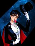  1girl artist_name bishoujo_senshi_sailor_moon black_hair blue_eyes cape chiba_mamoru cloveras earrings flower formal genderswap gloves hat hat_removed headwear_removed jewelry looking_at_viewer night rose short_hair sky solo star_(sky) starry_sky top_hat tuxedo tuxedo_kamen very_short_hair white_gloves wink 