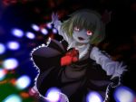  1girl blonde_hair blouse danmaku evil_smile fangs frilled_skirt frills hair_ribbon motion_blur necktie open_mouth outstretched_arms red_eyes ribbon rumia short_hair skirt smile spread_arms touhou vest yuusei_mutsuki 