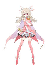  1girl absurdres ascot boots cape chinese_commentary clenched_hand commentary_request elbow_gloves fate/kaleid_liner_prisma_illya fate_(series) feather_hair_ornament feathers feishi frilled_skirt frills full_body gloves grey_hair hair_ornament highres holding holding_wand illyasviel_von_einzbern kaleidostick layered_gloves long_hair magical_girl magical_ruby parted_bangs pink_boots pink_cape prisma_illya red_eyes shirt simple_background skirt sleeveless sleeveless_shirt solo thigh_boots two_side_up wand white_background white_skirt yellow_ascot 