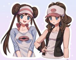  0393_piplup 2girls bare_shoulders baseball_cap black_vest blue_eyes blush breasts brown_hair collarbone denim denim_shorts donut_hair_bun double_bun hair_bun hat high_ponytail highres hilda_(pokemon) long_hair looking_at_viewer multiple_girls open_mouth parted_lips poke_ball_print pokemon pokemon_black_2_and_white_2 pokemon_black_and_white ponytail raglan_sleeves rosa_(pokemon) shirt shorts sidelocks small_breasts smile twintails upper_body vest visor_cap white_shirt wristband 