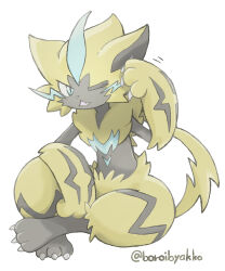  1other :3 absurdres animal_ears animal_feet animal_hands animal_nose arm_on_knee artist_name black_fur blue_eyes body_fur boroibyakko cat_ears cat_tail claws commentary fang full_body furry hand_up highres knee_up looking_at_viewer one_eye_closed open_mouth other_focus pokemon pokemon_(creature) scratching_head signature simple_background sitting solo tail twitter_username two-tone_fur white_background yellow_fur zeraora 