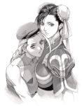  2girls ahoge beret black_hair braid bust cammy_white china_dress chinese_clothes chun-li double_bun hat homare_(fool&#039;s_art) leotard monochrome multiple_girls parted_lips sash simple_background street_fighter white_background 