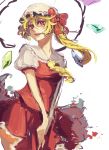 1girl absurdres blonde_hair blush bow flandre_scarlet hat hat_bow highres long_hair older open_mouth orange_eyes puffy_short_sleeves puffy_sleeves red_eyes red_skirt sai_ichirou short_sleeves side_ponytail skirt skirt_set smile solo touhou v_arms white_background wings 