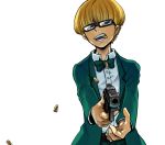  1boy blonde_hair blue_eyes bowtie bullet bullet_in_mouth glasses gun jeff_andonuts mother_(game) mother_2 solo weapon 