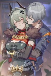  1boy 1girl caesar_king_(zenless_zone_zero) hug long_hair short_hair wise_(zenless_zone_zero) zenless_zone_zero 