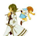  brown_hair coat green_hair kill_la_kill mankanshoku_mako sanageyama_uzu shinai smile sword uniform weapon 