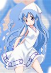  1girl blue_eyes blue_hair dress hat highres ikamusume long_hair shinryaku!_ikamusume tatsuya_(guild_plus) tentacle_hair 