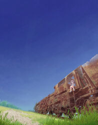  1girl abandoned absurdres blue_eyes blue_sky brown_hair commentary_request dress eyepatch flat_chest grass highres izuchi_nanchi jacket locomotive looking_up open_clothes open_jacket open_mouth original rust short_hair sitting sky solo star_(sky) starry_sky train 