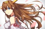  1girl ashiwara_yuu back bare_shoulders blue_eyes blush breasts brown_hair cherry_blossoms detached_sleeves double_bun hair_ornament hairband headgear japanese_clothes kantai_collection kongou_(kantai_collection) long_hair looking_back nontraditional_miko open_mouth personification petals solo tears 