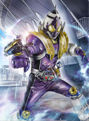  1boy armored_bodysuit batayan clenched_hand commentary compound_eyes feet_out_of_frame fourze_driver highres kamen_rider kamen_rider_fourze kamen_rider_fourze_(meteor_fusionstates) kamen_rider_fourze_(series) kamen_rider_fourze_the_movie:_everyone!_let's_feel_the_universe! looking_at_viewer rider_belt solo tokusatsu 