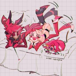  1boy 2girls alastor_(hazbin_hotel) blonde_hair charlie_morningstar colored_sclera commentary_request dress formal_clothes grin hazbin_hotel hellaverse long_hair lying multiple_girls niffty_(hazbin_hotel) noppo_(nopon) on_bed on_stomach one-eyed red_eyes red_hair red_sclera red_suit redrawn sharp_teeth short_hair smile suit teeth yellow_sclera 