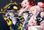  3girls airfield_hime armored_aircraft_carrier_hime bodysuit cape gloves glowing glowing_eyes kantai_collection long_hair monster multiple_girls open_mouth pale_skin personification red_eyes shinkaisei-kan silver_hair white_hair wo-class_aircraft_carrier 