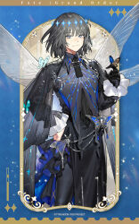  1boy arthropod_boy arthropod_limbs bad_source blue_eyes bug butterfly cape copyright_notice cowboy_shot crown diamond_hairband dragonfly_wings fate/grand_order fate_(series) grey_hair hand_on_own_hip highres insect_on_finger insect_wings jewelry long_sleeves looking_at_viewer male_focus medium_hair oberon_(fate) official_art promotional_art second-party_source shirt smile solo starshadowmagician wings 