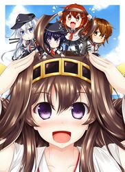  5girls ahoge akatsuki_(kantai_collection) bare_shoulders black_hair blue_eyes brown_eyes brown_hair chibi detached_sleeves fujimoto_akio hairband hat hibiki_(kantai_collection) ikazuchi_(kantai_collection) inazuma_(kantai_collection) japanese_clothes kantai_collection kongou_(kantai_collection) long_hair multiple_girls open_mouth personification school_uniform serafuku short_hair silver_hair 