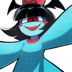  1girl absurdres aqua_(deltarune) aqua_dress aqua_skin black_hair blush_stickers bow colored_skin deltarune dress fang hair_wings head_bow highres jeff_miga one-eyed red_bow red_eyes short_hair simple_background solo utdr_(toby_fox) white_background 