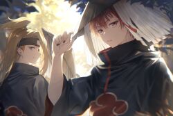  2boys akatsuki_uniform asymmetrical_bangs black_eyeliner black_nails blue_eyes deidara_(naruto) doll_joints eyeliner eyepatch forehead hat high_ponytail highres joints leaf long_hair looking_at_viewer makeup male_focus multiple_boys naruto_(series) naruto_shippuuden open_mouth outdoors ponytail red_eyes red_hair robe sasori_(naruto) short_hair smile tassel unworn_hat unworn_headwear wowishi 