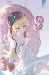  absurdres bakemonogatari bare_shoulders blush doughnut food goggles goggles_on_headwear helmet highres holding holding_food kiss-shot_acerola-orion_heart-under-blade long_hair looking_at_viewer monogatari_(series) oshino_shinobu simple_background sitting smile suikagcy thread tongue tongue_out very_long_hair yellow_eyes 