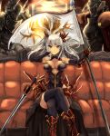  1girl armor black_gloves black_legwear breasts breasts_apart bridal_gauntlets cleavage_cutout crossed_legs elbow_gloves faulds flag gauntlets gloves greaves haik hair_ornament highres large_breasts long_hair looking_at_viewer original silver_hair sitting solo sword thighhighs two_side_up weapon yellow_eyes 