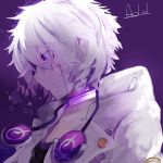  1boy add_(elsword) aki_(a2006p1074) character_name coat elsword grin male purple purple_background smile solo tattoo violet_eyes white_hair 