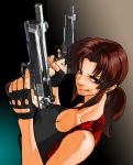 1girl armpit_holster beretta_92 black_lagoon breasts brown_eyes brown_hair cleavage dual_wielding fingerless_gloves gloves grin gun holster large_breasts lips long_hair pistol ponytail revy smile solo taut_clothes weapon youken 