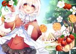  1girl blush cake candy capelet drill_hair flower food fruit hood lollipop orange orange_eyes original short_hair skirt smile solo tree 