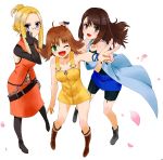  3girls :d ;d black_eyes blonde_hair blue_eyes boots breasts brown_hair collarbone dress final_fantasy final_fantasy_viii glasses gloves green_eyes holding_hands looking_at_viewer multiple_girls navel nozokichan open_mouth petals quistis_trepe rinoa_heartilly selphie_tilmitt shoes smile v white_background wink yellow_dress 