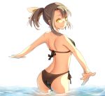  1girl ass back bikini brown_eyes brown_hair hair_ribbon original outstretched_arms partially_submerged ponytail ribbon rokusai solo spread_arms swimsuit water 