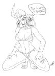  1girl barefoot bikini breasts diepod fingernails frown highres horns kneeling lineart lips monochrome navel npc pointy_ears ponytail profanity scar scythana sharp_fingernails sharp_toenails skullgirls solo swimsuit toes toned 