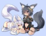  2girls animal_ears black_hair breasts brown_eyes clover crop_top detached_sleeves eyebrows four-leaf_clover fox_ears fox_tail halterneck highres jewelry midriff mofuaki mouth_hold multiple_girls navel no_pants original panties paws sitting skirt skirt_lift striped striped_panties tail thick_eyebrows thighhighs underwear white_eyes white_hair 