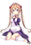  1girl apron bare_shoulders blush breasts brown_hair detached_sleeves elf frills long_hair maid maid_headdress mokoke myuseru_foaran open_mouth outbreak_company pointy_ears sitting solo twintails violet_eyes wariza 