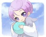  1girl ball clouds cure_sword dokidoki!_precure dress happy kenzaki_makoto looking_at_viewer lowres magical_girl open_mouth peacemaker777 precure purple_dress purple_hair short_hair sky smile solo violet_eyes younger 