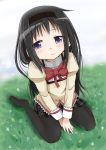  1girl akemi_homura black_hair blue_eyes blush bow hairband long_hair looking_at_viewer mahou_shoujo_madoka_magica no_shoes pantyhose school_uniform sitting skirt smile solo u_u_(mooooooou) wariza 