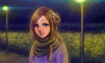  1girl bangs blue_eyes blush brown_hair hair_bun kurashiki_akane kyokugen_dasshutsu kyokugen_dasshutsu:_9_jikan_9_nin_9_no_tobira lamppost long_hair looking_at_viewer monorus night scarf smile solo 