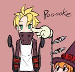  1boy 1girl apron black_eyes blonde_hair english extra_eyes gias-ex-machella gloves green_eyes hat leduc_(skullgirls) lowres orange_hair peacock_(skullgirls) poking red_eyes simple_background skullgirls squinted_eyes squinting sweatdrop t_t tagme top_hat 