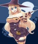  1girl atago_(kantai_collection) bat blonde_hair blue_eyes breasts elbow_gloves gloves halloween hat highres hujikok jack-o&#039;-lantern kantai_collection large_breasts long_hair moon open_mouth personification solo striped striped_gloves striped_legwear thigh-highs wand witch_hat 
