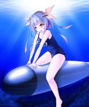  1girl blue_hair highres i-19_(kantai_collection) kantai_collection long_hair personification red_eyes riding school_swimsuit swimsuit torpedo twintails underwater wt 