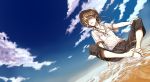  1boy barefoot character_request clouds grey_eyes hat highres miwa_shirou shirt short_hair sitting sky solo water 
