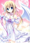  1girl absurdres blonde_hair blue_eyes breasts calendar cleavage detached_collar dress feathers full_moon highres huge_filesize karory moon tagme white_wings wings 