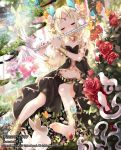  1girl anklet bare_shoulders barefoot bell bird blonde_hair butterfly closed_eyes flower flute hair_flower hair_ornament instrument jewelry jingle_bell long_hair mia0309 navel original rabbit rose sitting skirt solo twintails 