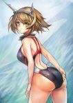 1girl ass breasts brown_hair green_eyes highres kantai_collection mutsu_(kantai_collection) one-piece_swimsuit short_hair solo swimsuit taishi_(artist) 