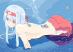  1girl absurdres airplane all_fours blue_hair breasts headband highres hujikok japanese_clothes kantai_collection long_hair looking_at_viewer ocean panties partially_submerged personification runway shoukaku_(kantai_collection) sideboob smile solo topless underwear water yellow_eyes 