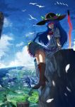 1girl absurdres baisi_shaonian blue_hair boots cliff food fruit glowing glowing_eye hat highres hinanawi_tenshi long_hair peach red_eyes sitting sky solo sword_of_hisou touhou very_long_hair