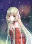  1girl :o bangs bare_shoulders blonde_hair blunt_bangs brown_eyes chii chobits choker detached_sleeves dress gradient gradient_background hair_tubes heart highres long_hair parted_lips red_dress robot_ears small_big_dot snowflakes snowing solo 