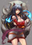  1girl ahri animal_ears bare_shoulders black_hair blue_fire breast_hold breasts character_name cleavage collarbone danann detached_sleeves fire fireball fox_ears fox_tail league_of_legends lips long_hair multiple_tails parted_lips simple_background solo tail yellow_eyes 