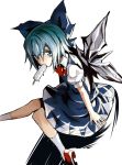  1girl blue_dress blue_eyes blue_hair bow cirno dress hair_bow ice ice_wings kozou_(soumuden) looking_at_viewer mouth_hold popsicle puffy_sleeves red_eyes short_sleeves sitting solo touhou wings 