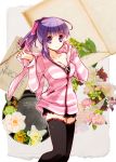  1girl bow breasts cleavage fate/stay_night fate_(series) hair_bow hair_ribbon hair_up hoodie long_hair matou_sakura ponytail purple_hair ribbon sakura_tasuke solo thighhighs violet_eyes 